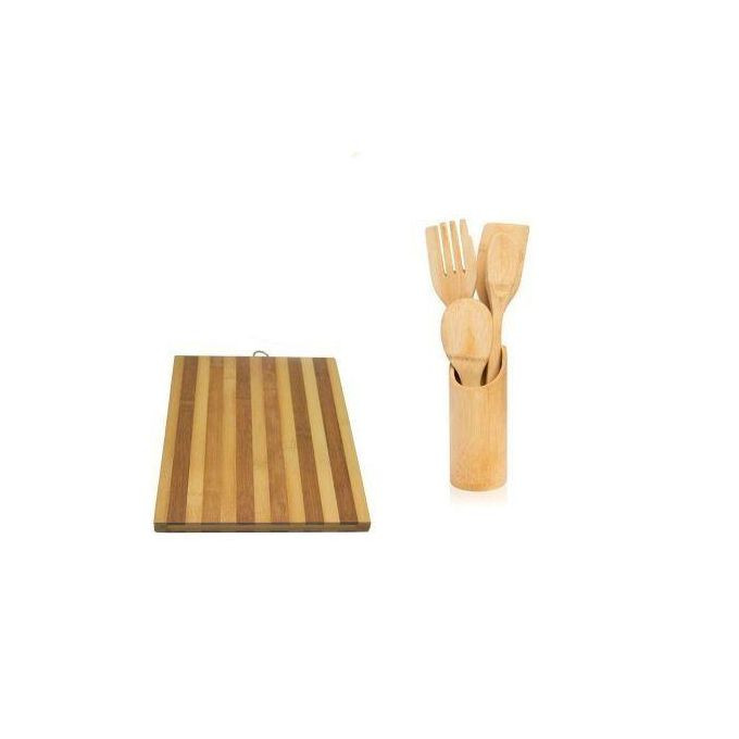 Set of Bamboo Chopboard And Cooking Spoons - Brown