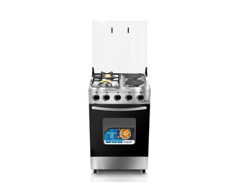 2 Gas Burners 2 Electric Hotplates Cooker With Oven And Lid Uses Both Electricity And Gas-Silver/Black