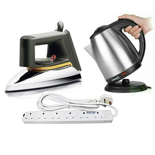 Bundle Of Flat Iron  Kettle 2Ltrs & 6Way Extension Cable - Silver