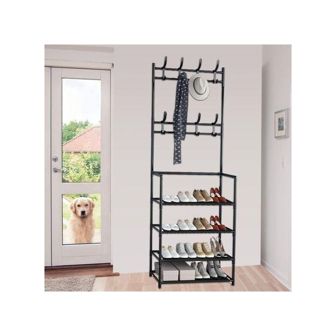 4-Tier Shoe Shelf And 8 Adjustable Metal Hooks Coat Rack,Shoe Rack Organizer Multifunctional Coat Rack Shoe Shelf,Apartment ,Bedroom - Black