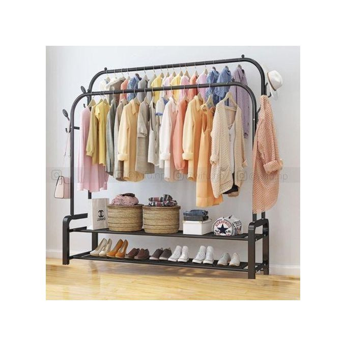 Carbon Steel Double Pole Coat Rack Indoor Bedroom Clothes drying Rail Balcony Hanging Clothes Shoes Rack Standing Storage Organizer With Hooks- Multicolor