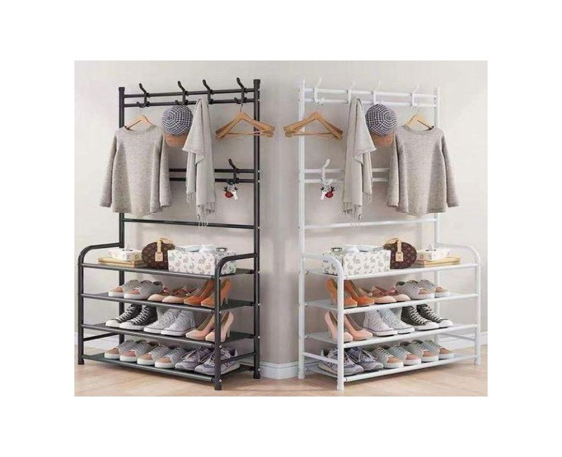 4 Layer Multifunctional Shoes Rack Organizer with Coat Hanger - Black/White