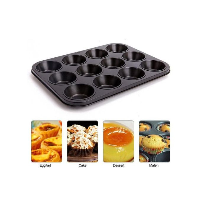12-Hole Long Life,Cupcake Baking Tray /Oven Tray Pan - Black