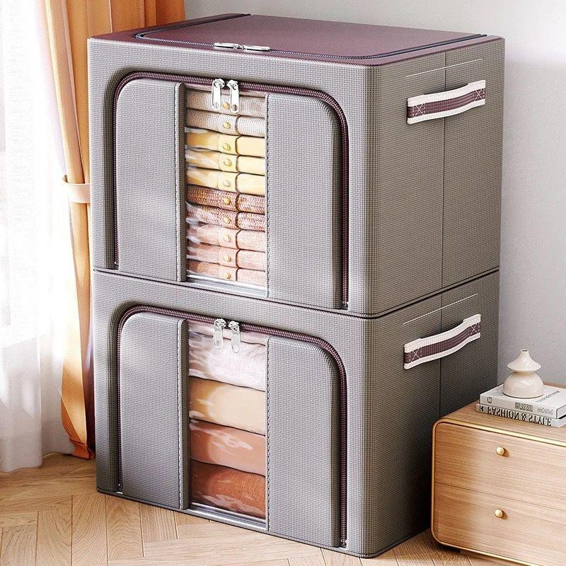 Wardrobe Organizer for Clothes, Large Cloth Organizer for Wardrobe Oxford Cloth 66L Stackable Wardrobe Storage Box with Zipper Door & Clear Window Dustproof, Foldable Cloth Storage Box 2PCS