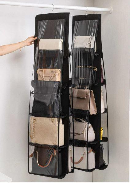2 Pieces 8 Pockets Handbag Storage Organizer, Purses, Scarves in Closet Bedroom (Black\)