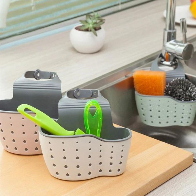 2 Pieces Kitchen Sink Hanging Soap Dish, Sponge Drainer Storage Basket Holder- Pink/Grey