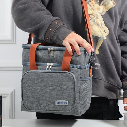 Double Layer Thermal Lunch Bag Picnic Lunch Box - Grey/Blue