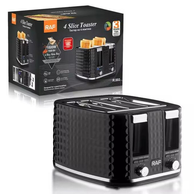 RAF Household 4 Slice Bread Toaster Strong Power Multifunction Toaster Machine With Defrost Stop Removable Crumb Tray- Black