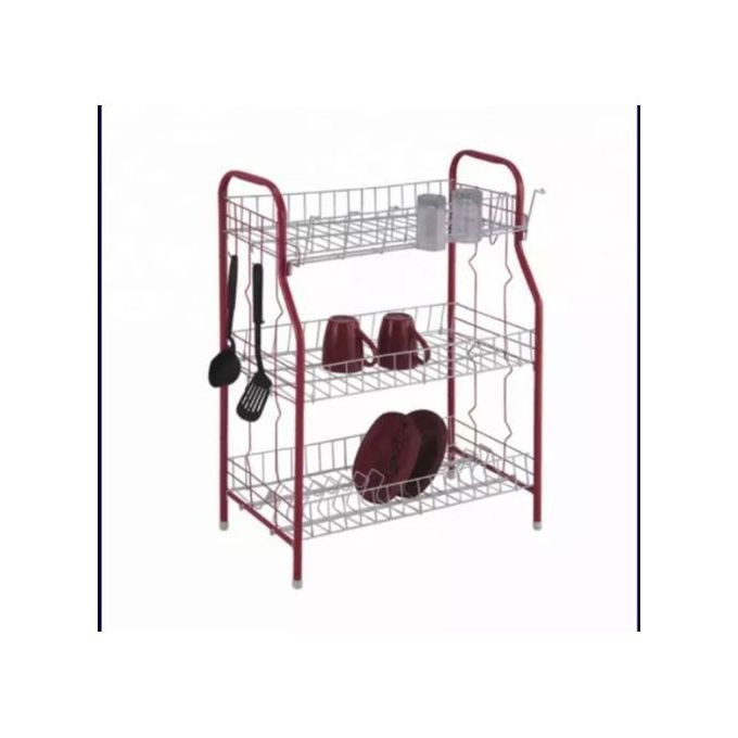 3 Tier Stainless Steel Dish Drainer Storage Rack, Red