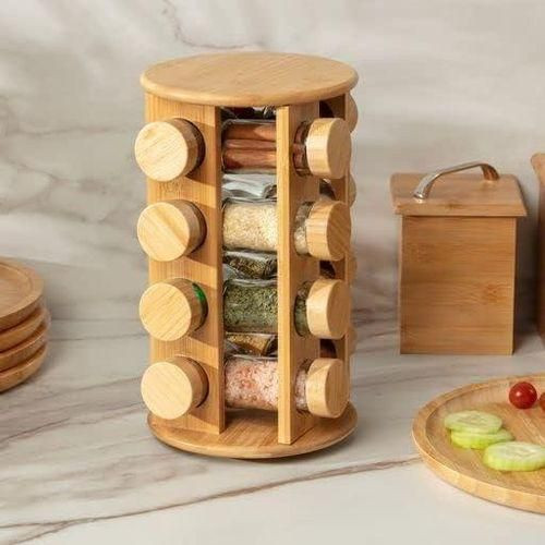 Rotating Bamboo Countertop Spice Rack, 16 Piece Spice Jar - Brown