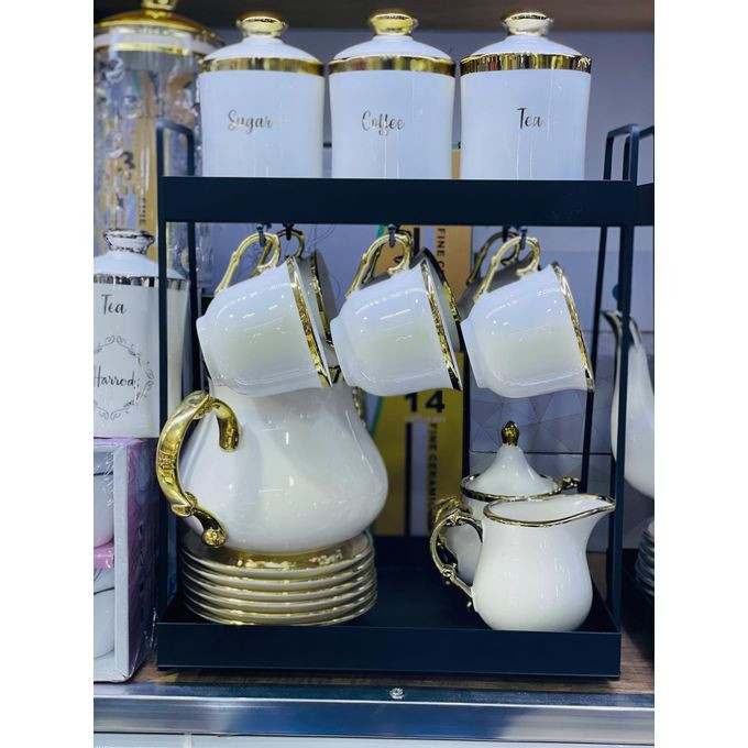 19 Pieces Ceramic Coffee Tea Pot Set With 6 Mugs 6 Saucers 1 Teapot 1 Milk Jar 3 Canisters 1 Sugarbowl And 1 Rack-White