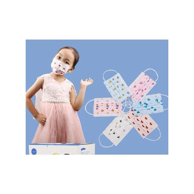 Kids mixed color cartoon characters disposable mask- blue/pink/white -50pcs