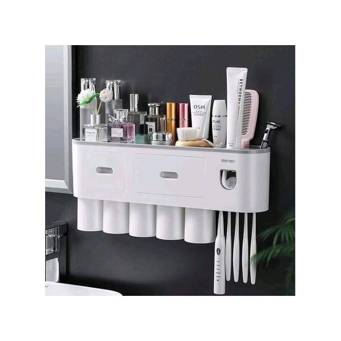 Magnetic 1/2/3/4/5 Cups Bathroom Toothbrush Holder Storage Rack With Toothpaste Dispenser Squeezer Wall Mount Organizer Punch-Free Self Adhesive White