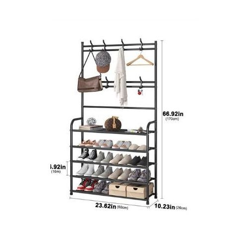 5 tiers coat rack shoe rack wall for clothes floor hanger clothes garment hanging storage wardrobe coat shelf furniture for home black