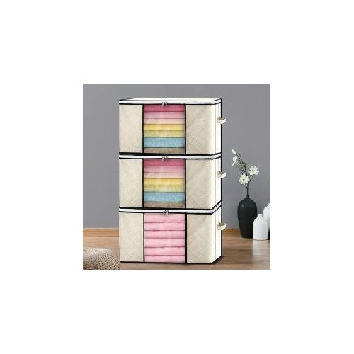 3 Pack Large Cloth Blankets Storage Bag Foldable Organizer Storage Container 90L Beige
