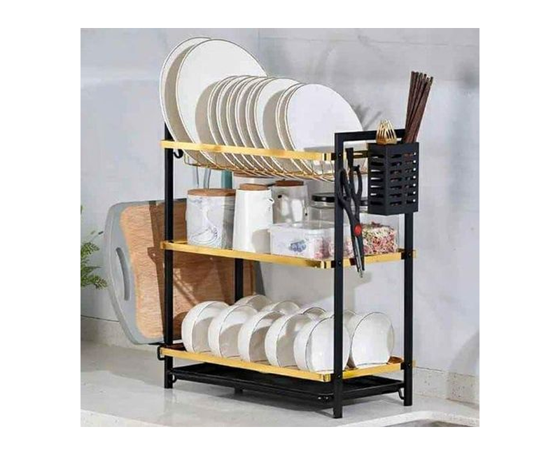 Dish Drying Rack for Kitchen Countertop Saving Space, 3 Tier Kitchen Dish Rack Drainboard Set, Large Capacity Dish Drainer Utensil Holder Cup Holder Cutting Board Holder Set -Gold