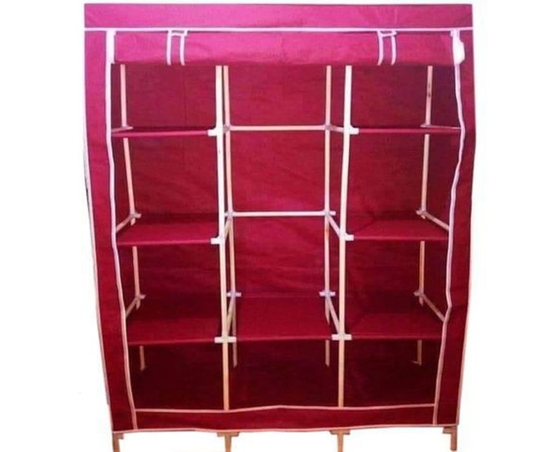 3 Column Cloth & Steel Frame Portable Wardrobe - maroon