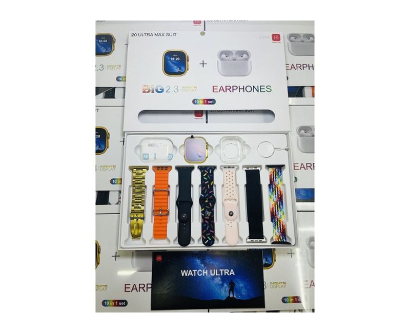 I20 Ultra Max Smartwatch with Airpods Pro And 7 Straps (10 in 1) Smart Watch Guard - Multi-colour