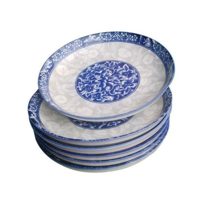 Set Of 6 Ceramic Dinner Plates – White & Blue
