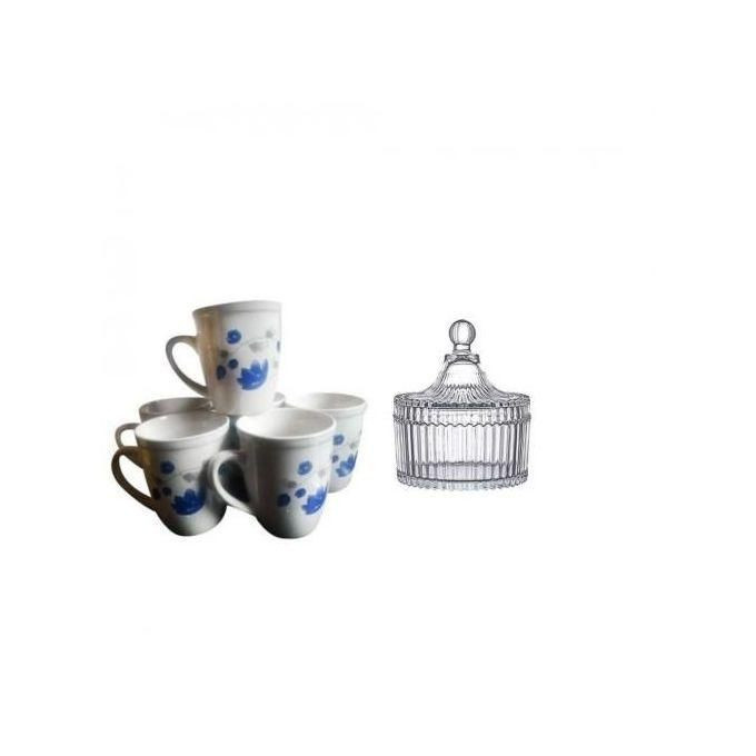 6 Pieces Set Of Tea Coffee Cups With Free Transparent Glass sugar Bowl- White/Blue