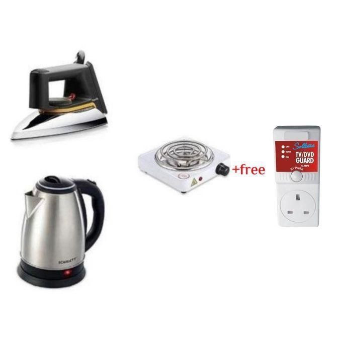 Original Single Coil Hotplate, 2L Electric Kettle & Flat Iron Plus A Free TV Guard - Silver