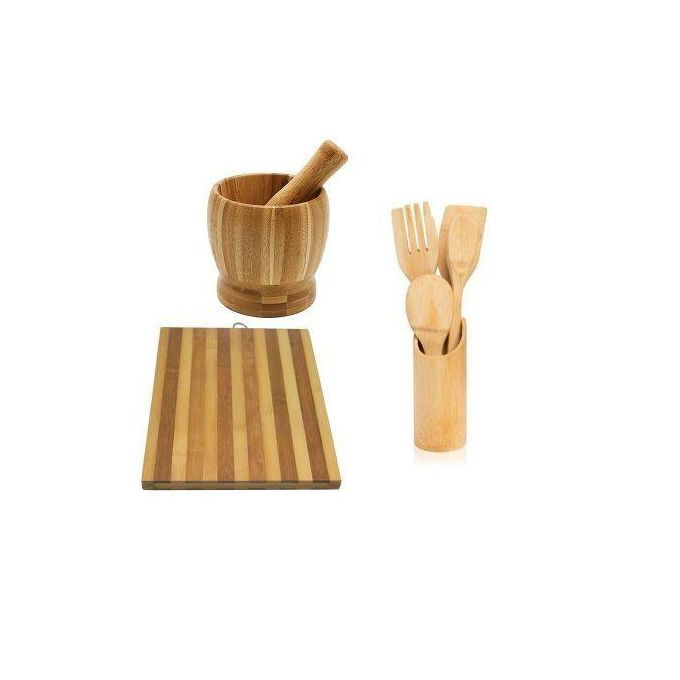 Set Of Bamboo Chopboard, Mortar Pestle, Cooking Spoons - Brown