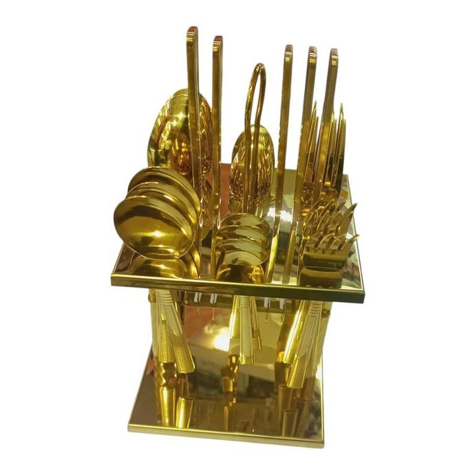24Pcs Stainless Steel Cutlery Set With Stand Gold