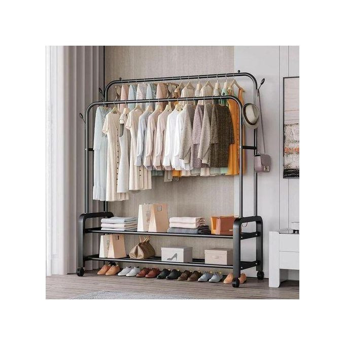 Double Pole Coat Rack Indoor Bedroom Clothes Drying Rail Balcony Hanging Clothes Shoes Rack Standing Storage Organizer