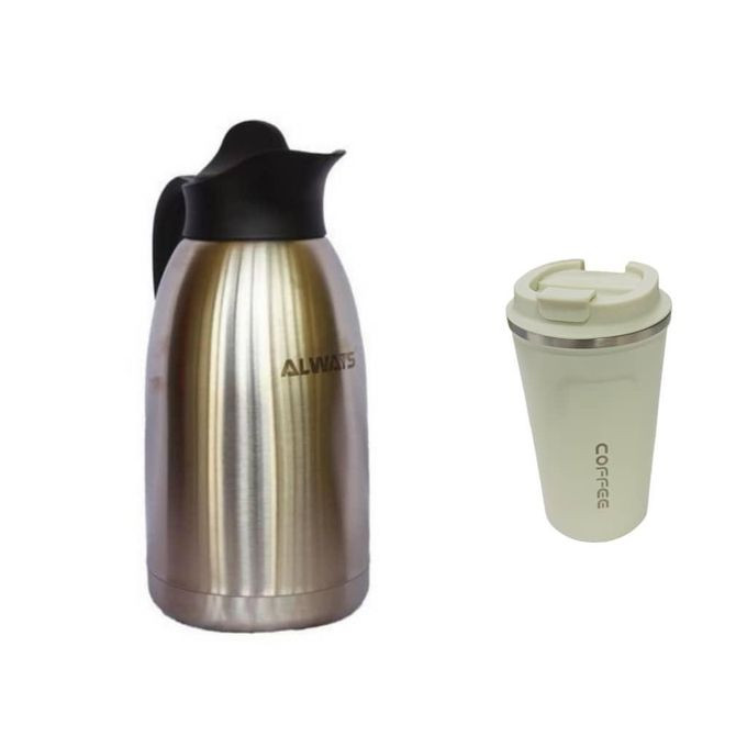2 IN 1 Travel Mug Flask And Stainless Steel Vacuum Flask 2Litres -Silver,White