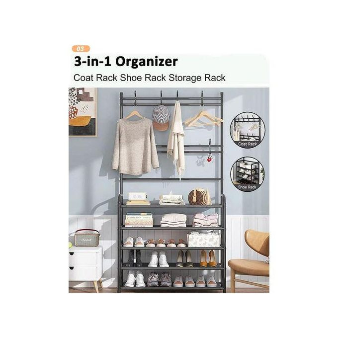 5-Tier Shoe Shelf And 8 Adjustable Metal Hooks Coat Rack,Shoe Rack Organizer Multifunctional Coat Rack Shoe Shelf,Apartment ,Bedroom