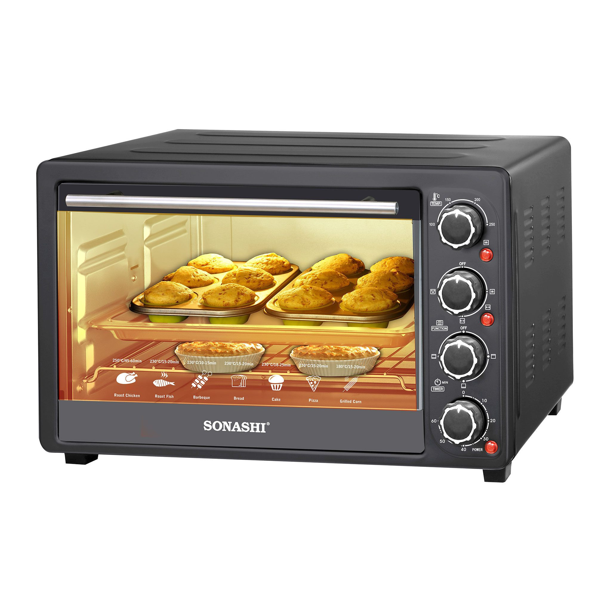 Sonashi High Efficient 63L / 63 Liters Electric Oven With Inside Light Adjustable Temperature And Timer- Black / Silver