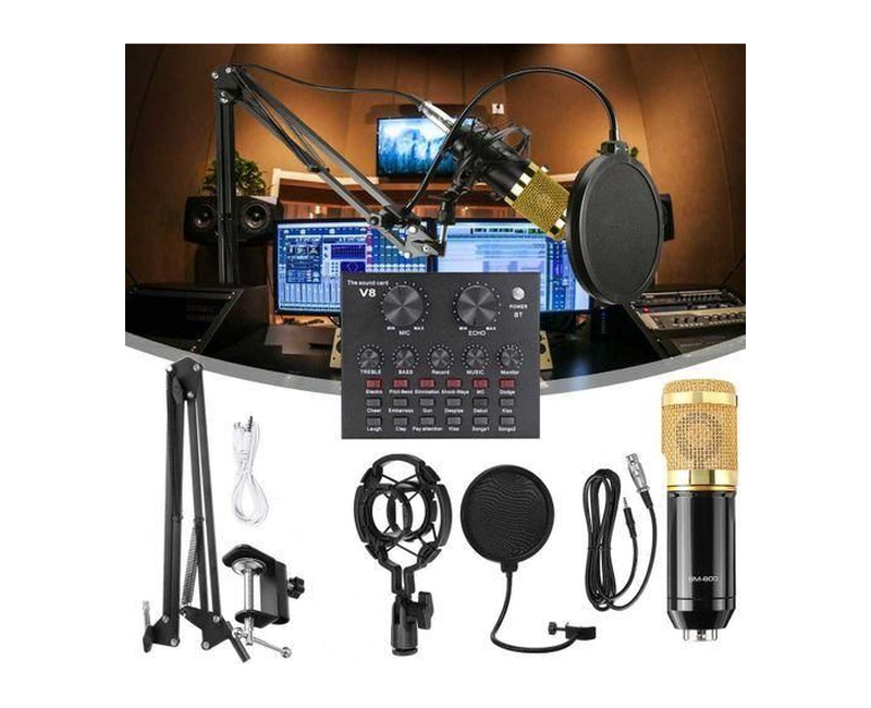 Microphone with V8 BM800 sound card kit, supporting capacitor, USB, Bluetooth, studio recording, professional karaoke - black