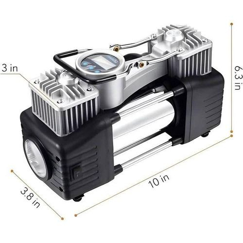 Triple High Speed Double Cylinders Pump 12V DC Heavy Duty Metallic Tyre Inflator Nuclear Car Air Compressor Pump with Digital Display Gauge & Light - Silver/Black