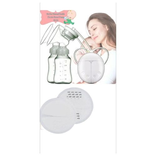 2 In 1 Double Electric Breast Pump With 2 Baby Milk Bottles Plus Pack Of Breast Pads 24Pcs - White