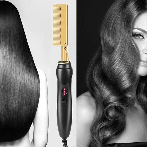 Professional Dual Electric Hot Heating Comb, Hair Straightener Curler Wet Dry Iron Straighten Brush,Fast Heating - Black
