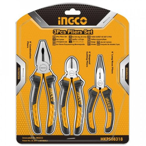 INGCO 3pcs Pliers Set, 8" Combination Pliers and 6" Diagonal Cutting Pliers and 6" Long Nose Pliers - Yellow