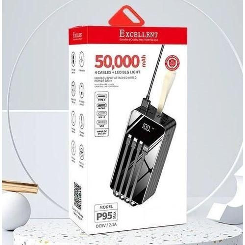 Excellent 50000 MAh Original Power Bank Inbuilt 4 Cables, Fast Charging, 7 Output + 4 Input LED Touch For Phones, Tabs, Laptop Etc - Black/White