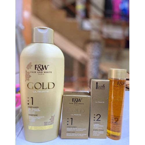 Fair And White Paris Gold Ultimate Shower Gel, Satin Exfoliating Soap, Revitalizing Fade Cream And Revitalizing Argan Oil