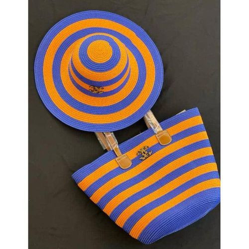 Women's Elegant Beach Tote Bag With A Hat - Blue & Orange