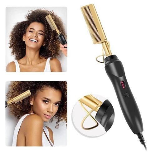 2-in-1 Hot Comb, Temperature Adjustable Electric Heating Comb, Professional High Heat Ceramic Hair Press Comb Gold