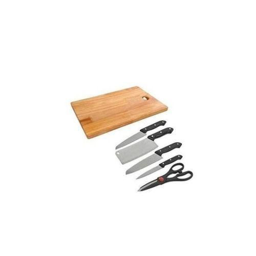 Pack Of Chopping Board &Set Of Kitchen Knives-Black, Silver And Brown