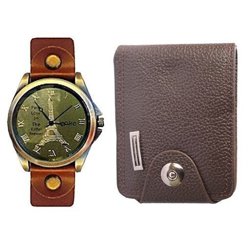 Yake 2 Pack Men's Faux Leather Wallet & Wrist Watch - Brown