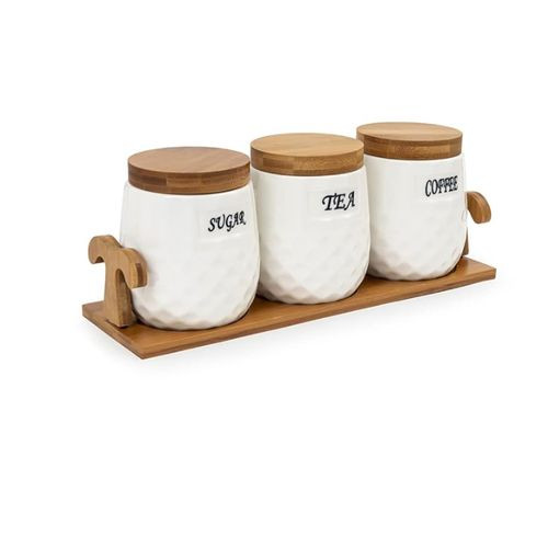 EZ Life White Ceramic Checkers Tea Coffee Sugar 3 Canisters Set With Wooden Stand Tray - With Bamboo Lid - Condiment - Airtight Jars Set Kitchen