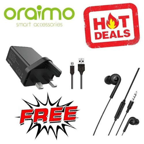 Oraimo Fast Chaging Android Charger + Free Strong Bass Earphone - Black