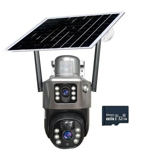 Solar-Powered 4G Dual Lens Security Camera 4MP- CCTV Camera- With Free Memory Card 32GB- Grey