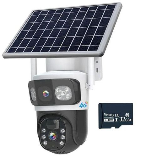 Solar-Powered 4G Security Surveillance Camera- Dual Lens- 4MP Clear Pics- 32GB Free Memory Card- White
