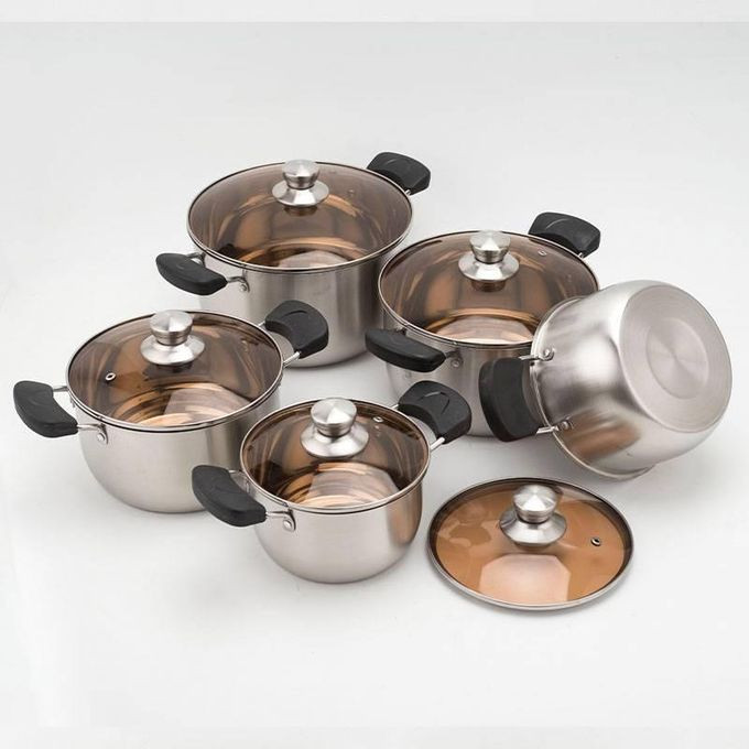 10 Pieces High Quality Stainless Steel Cookware With Mirror Polish On The Inside-Silver