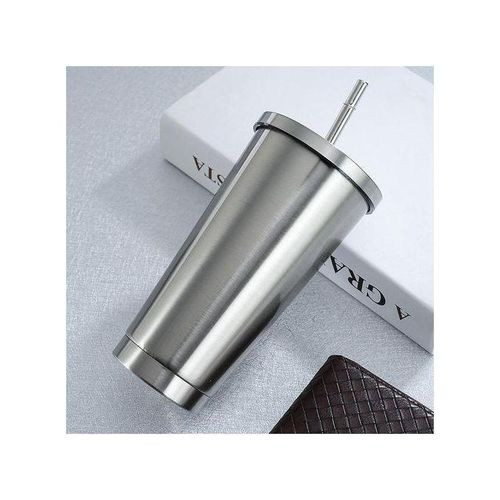 Stainless Steel 500ml Coffee Mug With Lid Tea Cup Thermos Beer Travel Tumbler With Straw- Silver