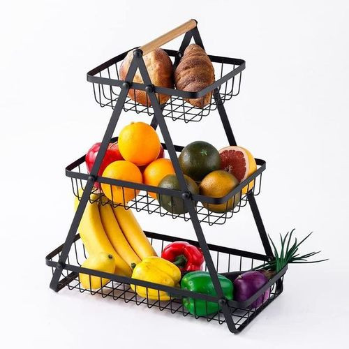 3 Tier Portable Fruit Basket Stand Vegetable Bread & Snacks Detachable Metal Rectangle Basket With Wooden Handle Modern For Kitchen Decoration- Black