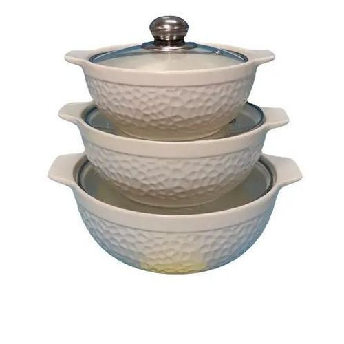 3 Pieces Ceramic Dinner Serving Bowls With Glass Lids Designs May Vary-White